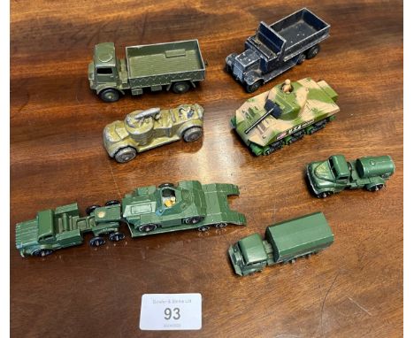 A Selection of playworn army trucks by Lesney and Dinky. Includes unusual military car tank model. See images for list. 