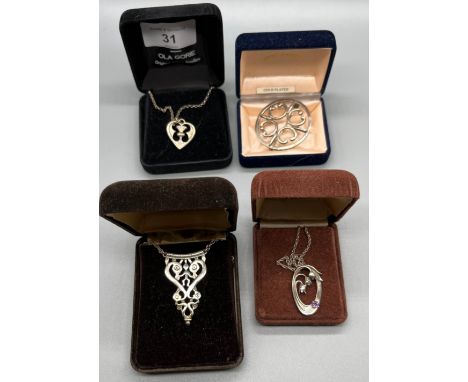 A Lot of four vintage Ola Gorie Sterling silver items of jewellery to include Three pendants with chains and brooch. 