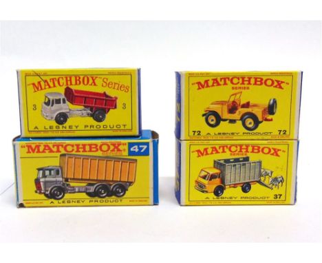 FOUR MATCHBOX 1-75 SERIES MODELS comprising No.3, Bedford Tipper Truck, pale grey and dark red, black plastic wheels, mint, b