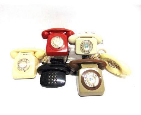 SIX TELEPHONES comprising a G.P.O. Type 740, ivory, refurbished 1983 by the G.P.O. Factory, Cwmcarn; G.P.O. Type 746, red, 19