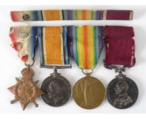 A GREAT WAR L.S.G.C. GROUP OF FOUR MEDALS TO DRIVER T. SYMONDS, ROYAL FIELD ARTILLERY comprising the 1914 Star, with silver r