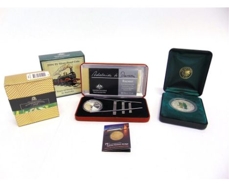 AUSTRALIA - ASSORTED SILVER COINAGE comprising an Adelaide to Darwin Railway five dollars, 2004, in case of issue; 150 Years 