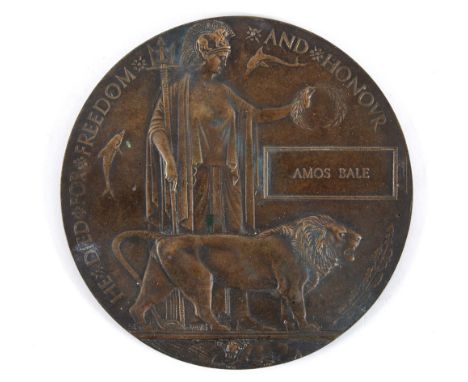 A GREAT WAR MEMORIAL PLAQUE TO PRIVATE AMOS BALE, SOMERSET LIGHT INFANTRY (Amos Bale). Note: 7380 Private Amos Bale, 1st Bn, 