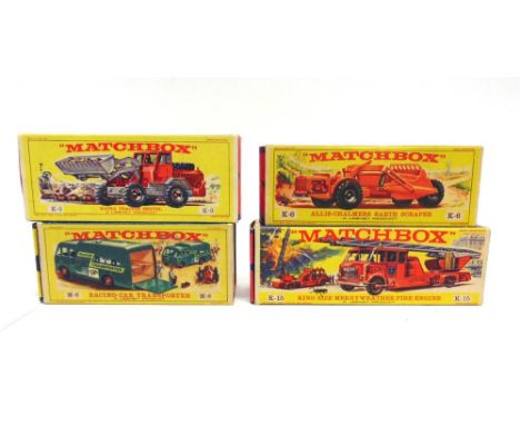 FOUR MATCHBOX DIECAST MODELS comprising a Major Pack No.M-6, Racing Car Transporter, green, red plastic hubs, excellent condi