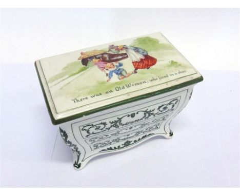 [HUNTLEY & PALMERS]. A ROYAL DOULTON 'NURSERY RHYMES' SERIES COMMODE SHAPED BISCUIT BOX AND COVER,   circa 1905, 'There was a