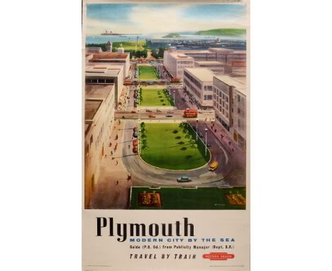 A BRITISH RAILWAYS (WESTERN REGION) POSTER, 'PLYMOUTH / MODERN CITY BY THE SEA' by Laurence Bagley, printed by Jordison & Co.