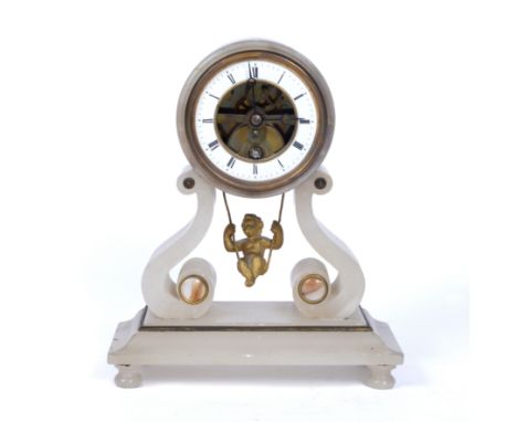 A 19th century French alabaster mantel clock with visible escapement, gilt cherub on a swing pendulum and white enamel dial w