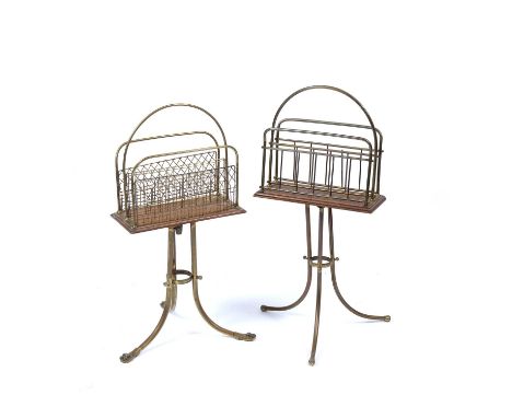 A late 19th century brass two division magazine rack, with oak base and brass tripod splay legs, 35cm wide; and another simil