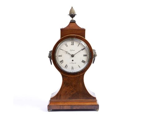 A 19th century mahogany and boxwood strung balloon bracket clock with brass pineapple finial and lion head ring handles, the 