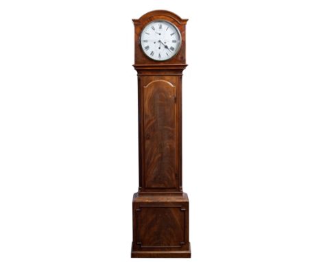 Josiah Lawrence, London: A George III mahogany small longcase clock, the arched hood with signed silvered circular dial, havi