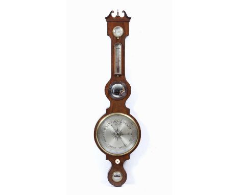 A 19th century mahogany banjo wheel barometer with a swan neck pediment above hygrometer dial, alcohol thermometer, circular 