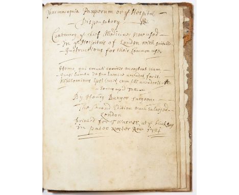 An 18th century manuscript Pharmacopaeia Pauperum or Hospital Dispensatory. 21 sides written in black ink with 'title' page a