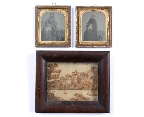 A 19th century straw work picture of Windsor Castle with boats on the Thames in three dimensional rosewood frame, 16.5 x 14cm