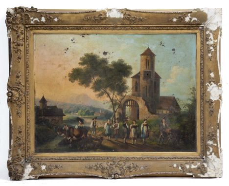 A 19th century clock automaton picture, depicting a group of figures including a milkmaid and cow before a county church, the