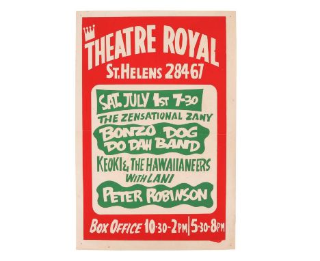 An original concert poster for 'The Zensational Zany Bonzo Dog Do Dah Band' at the Theatre Royal St Helens, supported by Keok