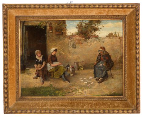 OLIVER RHYS (1854-1907). Oil painting on canvas depicting "WOMEN PLAYING IN THE YARD". Signed and dated 1883 lower right. Fra