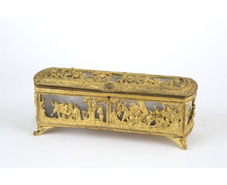 Gilded bronze casket decorated with scenes of life. 19th century. Minor defects and a glass missing. 10x28x9.5 cm approx. Cof