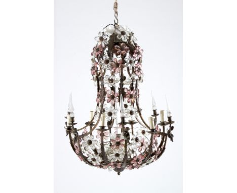 Six-light iron chandelier with cherubs holding glass pinnacles and flowers in clear and pink glass. Late 19th century. Minor 