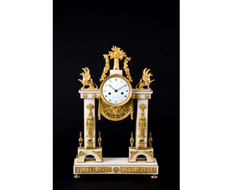 White marble table clock with gilt bronze fittings and white enamel dial signed 'Bontems à Paris'. 18th century. Defects and 