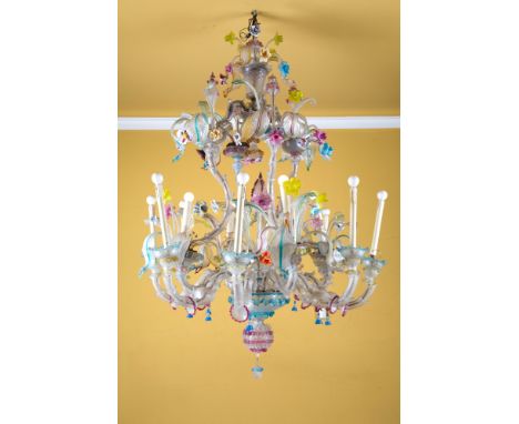 Ca' Rezzonico twelve-light chandelier in polychrome Murano glass. Late 18th-early 19th century. Defects, missing parts and br