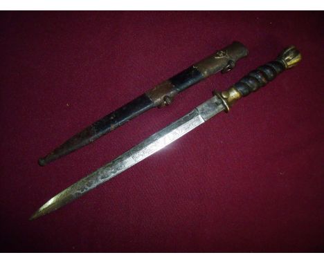 WWII period Italian Air Force Officers dagger with 9.5 inch double edge blade engraved with various details, crests etc with 