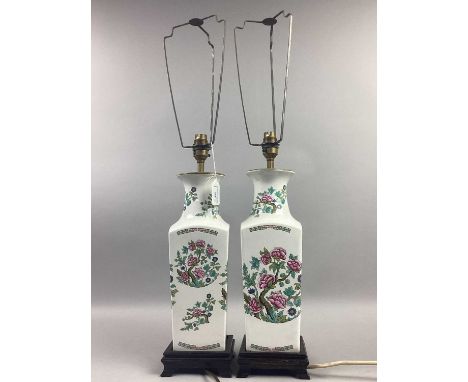 PAIR OF CERAMIC TABLE LAMPS,of square form, decorated with peonies in the Chinese style, 35.5cm high to sconce, along with a 