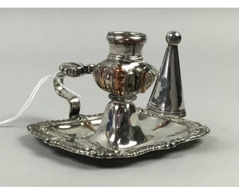 VICTORIAN SILVER CHRISTENING SET,comprising a spoon and fork, in fitted case, along with a small Sheffield plate chamber cand