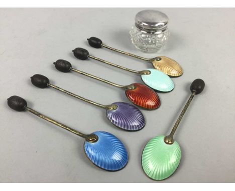 SET OF SIX SILVER COFFEE SPOONS,with enamel bowls, along with a small silver topped glass jar