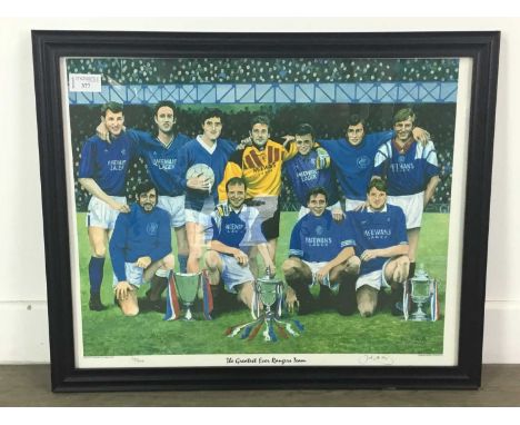 'THE GREATEST EVER RANGERS TEAM' SIGNED LIMITED EDITION PRINT AFTER JOHN BOYD,framed and under glass, 46cm x 56cm overall, al