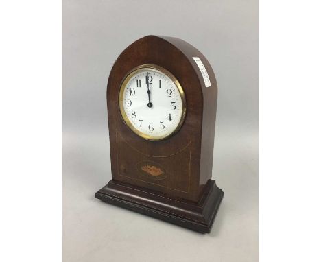 EDWARDIAN INLAID MAHOGANY MANTEL CLOCK,23.5cm high