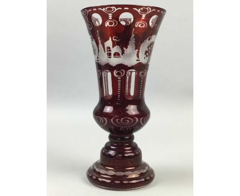 BAVARIAN RUBY FLASHED GLASS VASE,engraved with scrolls and birds, 21cm high, along with a group of various glass ware includi