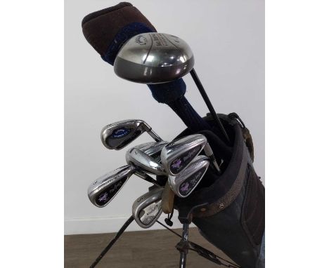 COLLECTION OF GOLF CLUBS,including vintage hickory shafted examples, contained in a Dunlop carry bag and a vintage leather ca