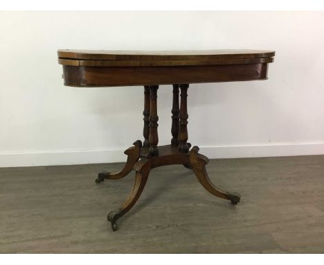 VICTORIAN WALNUT CROSSBANDED CARD TABLE,the turnover top with baize relined playing surface, on quadruple turned colum suppor