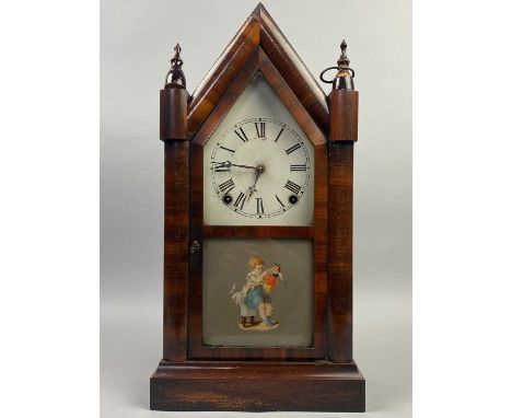 MAHOGANY CASED MANTEL CLOCK,25cm high, along with another mantel clock with a panel depicting a child, 50cm high (2)
