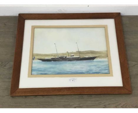 CUNARD LINE PRINT OF QUEEN ELIZABETH,framed, 42cm x 69cm overall, along with a watercolour and gouache painting of a steamshi