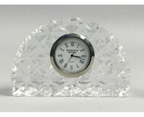 EDINBURGH CRYSTAL MINIATURE MANTEL CLOCK,along with other crystal and coloured glass ware including paperweights and vases