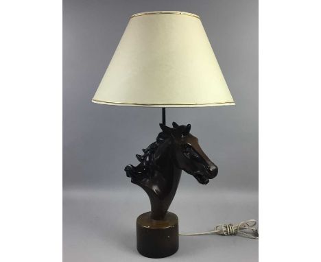 MODERN TABLE LAMP, carved wood modelled as a horse head, along with a lap desk and a wall mirror (3)