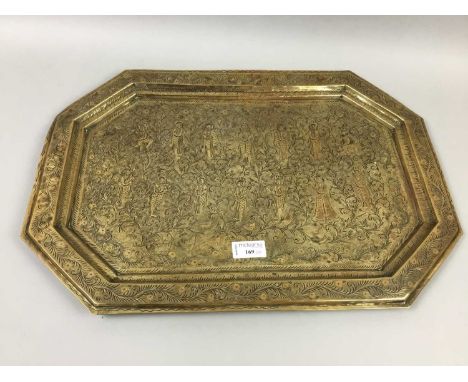 INDIAN BRASS TRAY,along with a Persian brass vase, two white metal dishes and a ceramic vase