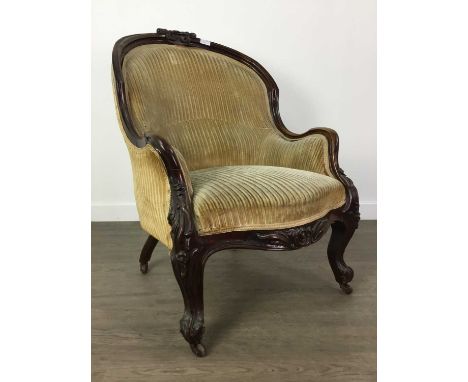 VICTORIAN MAHOGANY FRAMED TUB CHAIR,of serpentine outline, with carved detail and raised on front cabriole supports to castor