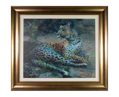 ROLF HARRIS (AUSTRALIAN b. 1930),LEOPARD RECLINING AT DUSKlimited edition canvas print, signed and numbered 82/195image size 