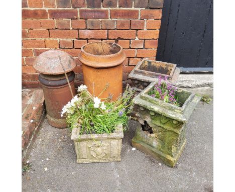 Garden planters - Victorian terracotta chimney pots; others; a Victorian style planter with cartouche panels (5) 