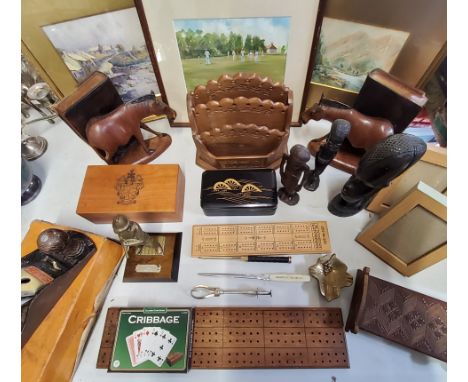 Boxes &amp; objects - a small watercolour of a Lake District scene, signed GMC, framed; two others a Cricket Match by Susan M