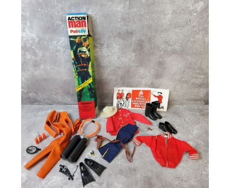 A Palitoy Action Man Frogman #34321 comprising 3 piece rubber suit (orange), swimfins, face mask (perished), air cylinders, d