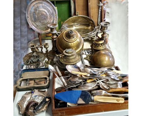 A pair of early Sheffield plate candlesticks; a silver plated chamberstick &amp; snuffer; a Britannia metal folding biscuit b