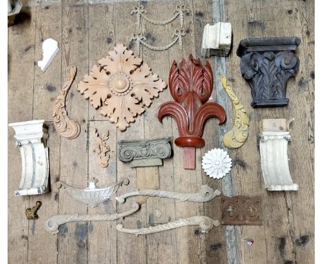 Architectural Salvage - Neo Classical plaster relief moulds in the form of swags, resin wall sconce, wooden fixtures, etc 