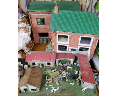 A scratch built farm with plastic &amp; lead animals, tractor &amp; trailer; a home built dolls house; another (all A/F) 