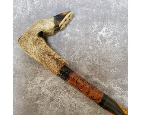 A Turkish 1940's Walking Stick with Antelope's Hoof Handle, the shaft carved in the forming of two entwined snakes the collar