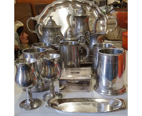 Silver plate including two handle oval shaped tray, gallery tray, table cigarette box; pewter tea &amp; coffee set comprising