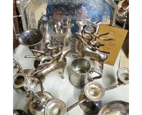 Silver plate including a pair of open barley twist candlesticks, tankard, letter rack, grape scissors, salad servers, tray, c