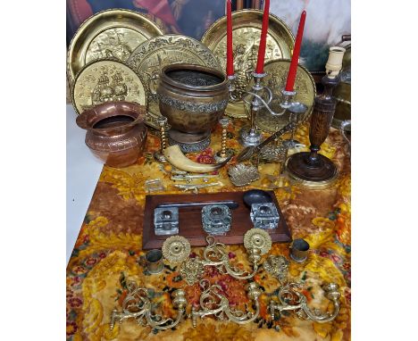 Boxes &amp; Objects - 19th century brass piano sconces; early 20th century desk tidy with glass inset inkwell and Bakelite bo